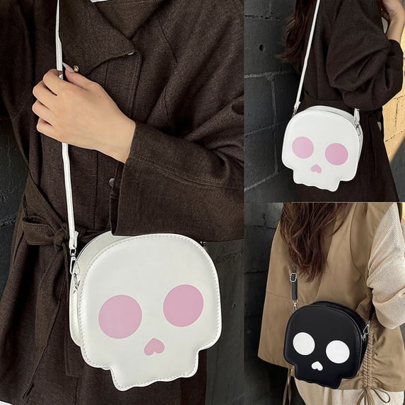 Caixia Cute Skull Purse with Heart Nose Detail, Round Compact , Adjustable Shoulder Strap, Smooth PU Finish, for Women, Seasonal Carry, Black
