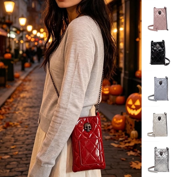 Caixia Mini Shoulder Bag with Quilted Embroidered Pattern, Skull Charm Decoration, Metal Chain Strap, Patent Shine Finish, for Women, Party Wear, White