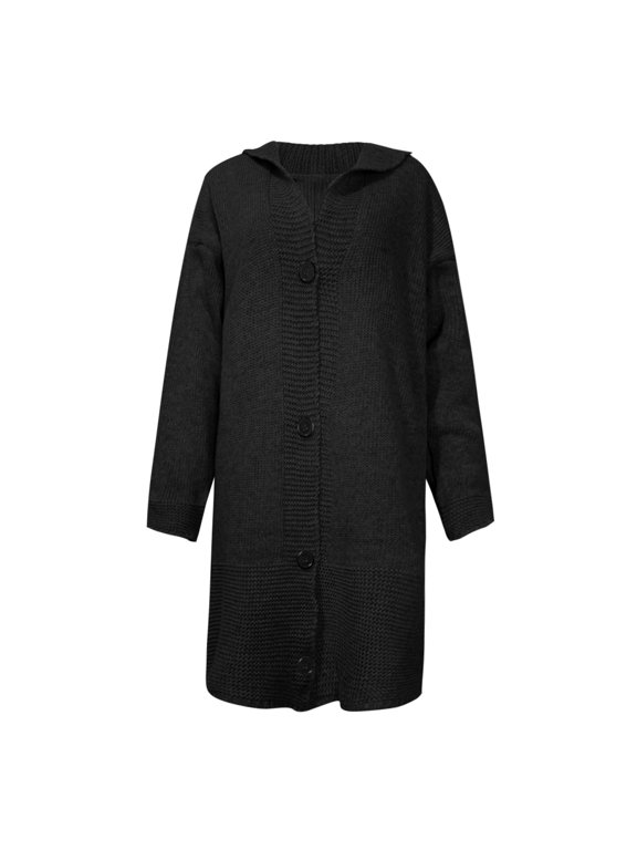 Plus Size Hooded Cardigan Button Front Mid Length Sweater Coat Loose Fit Side Pocket Casual Knitwear Textured Knit Cozy Hood Wardrobe Essential