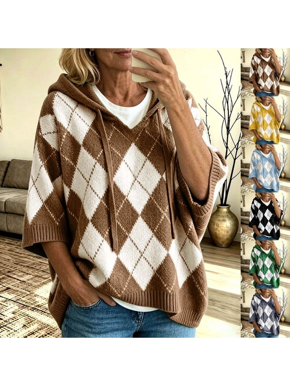 Plus Size Plaid Knit Hoodie for Women, Long Sleeve Argyle Pullover Sweatshirt Drawstring Tunic Sweater, Winter Warm Cozy Loose Fit Casual Top