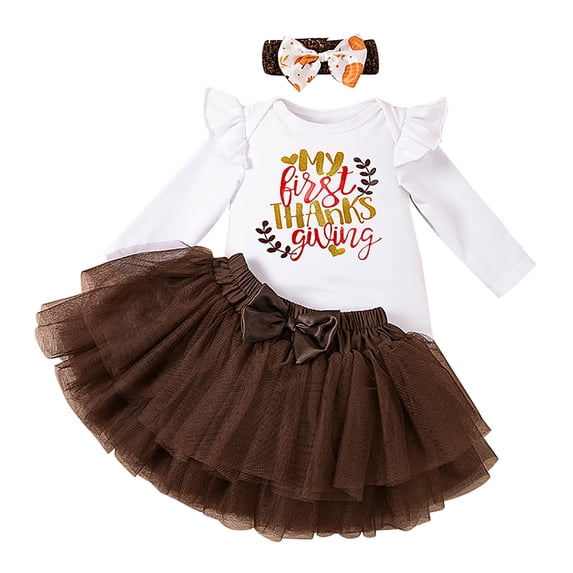 Caixia Thanksgiving Outfits Long Sleeve Soft Cozy Festive Print Bodysuit And Tutu Dress With Headband Set For Girls