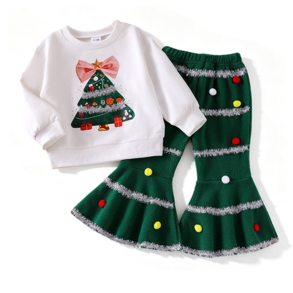 Caixia Toddler Kids Girls Christmas Outfit Long Sleeve Sweet Festive Christmas Print Sweatshirt T Shirt And Pants 2 Piece Set
