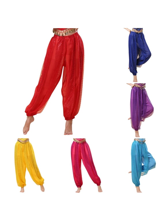 Women's Belly Dance Pants Sequin Harem Trousers Chiffon High Waist Dance Performance for Adults