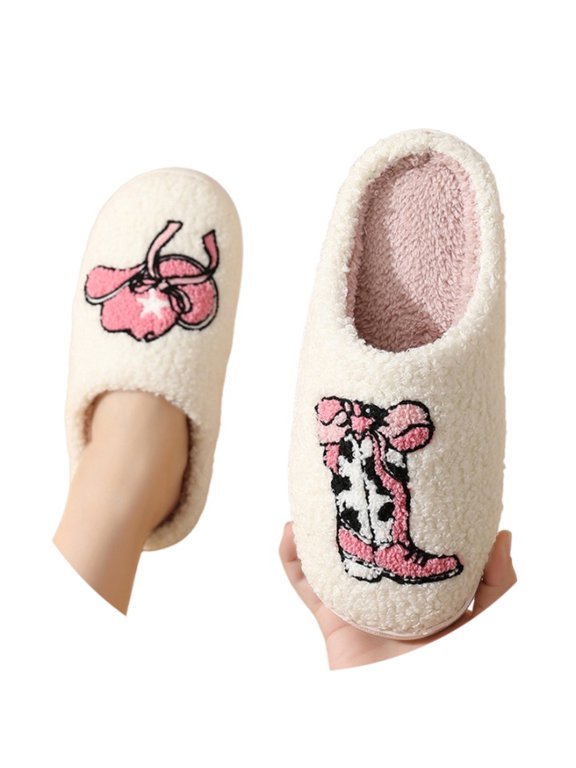 Caixia Women's Cowboy Boot Slippers, Cowboy Boots and Hat Plush Fuzzy Winter Warm on Indoor Outdoor House Shoes with Thick Cushioned Sole for Daily Casual Wear