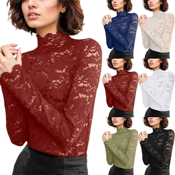 Caixia Women's Floral Lace Long Sleeve Top Mock Neck Sheer Mesh Blouse