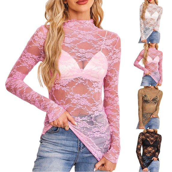 Caixia Women's Mesh Lace Long Sleeve Blouse Slim Fit Layering Top for Summer