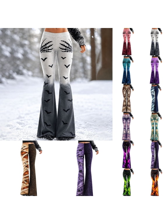 Women's Pull On Flare Jeggings Halloween Print Stretchy Bell Bottom Pants Bootcut, Elastic waist Soft for Workout Casual