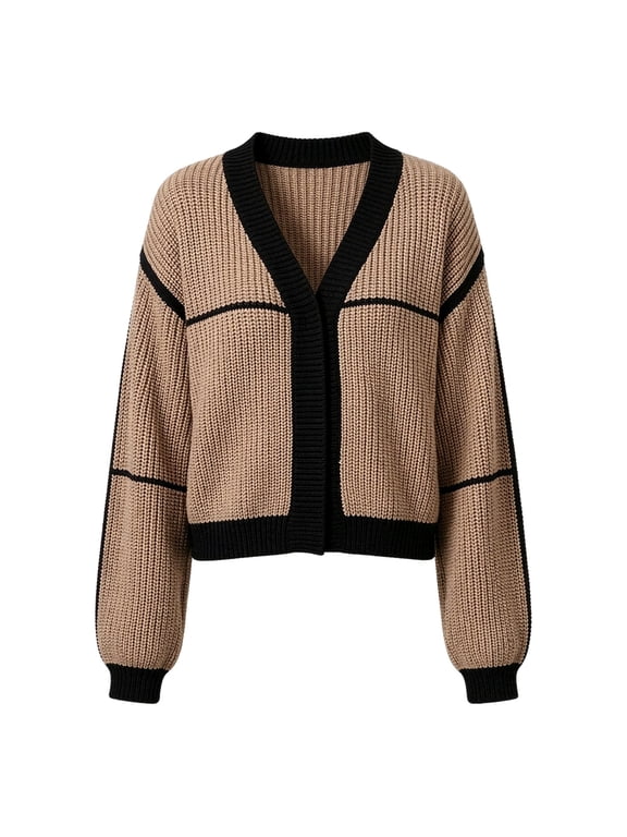 Womens Cropped Cardigan Colorblock Contrast Open Front Knit Sweater Long Sleeve Bishop Sleeve Casual Top Bishop Sleeves Must Have Piece