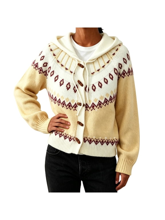 Womens Hooded Cardigan Sweater Toggle Button Fair Isle Knit Cardigan Drop Shoulder Jacquard Pattern Cropped Sweater Coat Retro Nordic Style