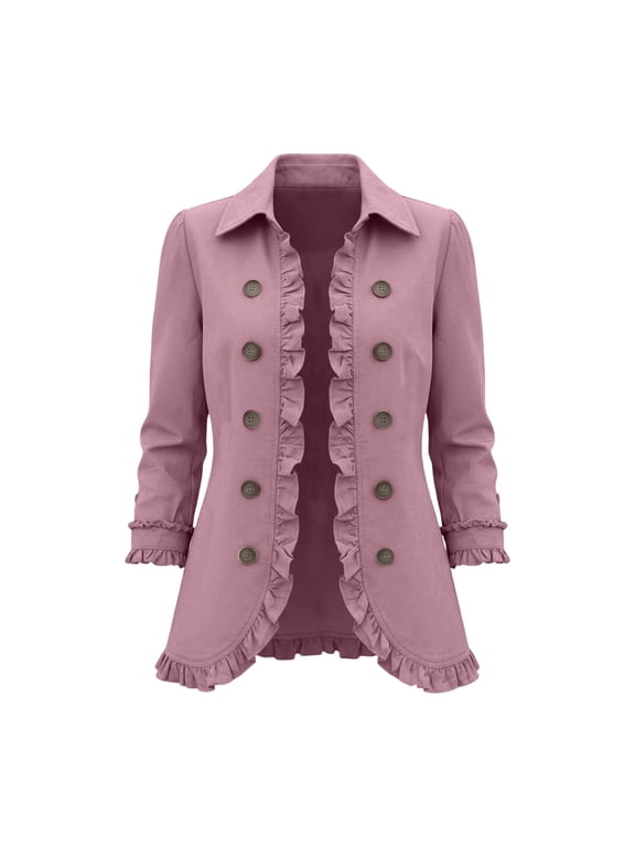Womens Ruffle Jacket Peplum Lapel Button Down Coat Long Sleeve Flattering Outwear Ruffle Placket and Flared Hem Wardrobe Essential