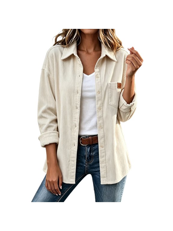 Womens Shacket Jacket Button Down Corduroy Style Shirt Coat Long Sleeve Loose Tunic Top with Pocket Chest Utility Pocket Layering Favorite