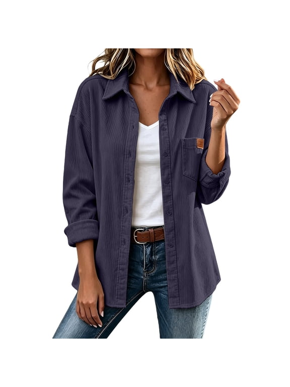 Womens Shacket Jacket Button Down Corduroy Style Shirt Coat Long Sleeve Loose Tunic Top with Pocket Chest Utility Pocket Layering Favorite