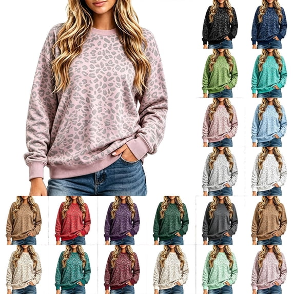 Caixia Womens Trendy Dark Green Round Neck Leopard Print Top Relaxed Fit Long Sleeve Pullover with Ribbed Cuffs for Women Fall Winter Casual Outfits