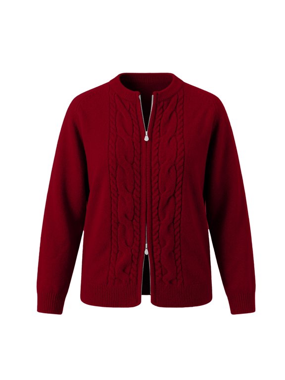 Womens Zip Front Cardigan Round Neck Cable Knit Bomber Sweater Coat Long Sleeve Casual Sporty Knit Jacket Cable Knit Texture Bomber Silhouette