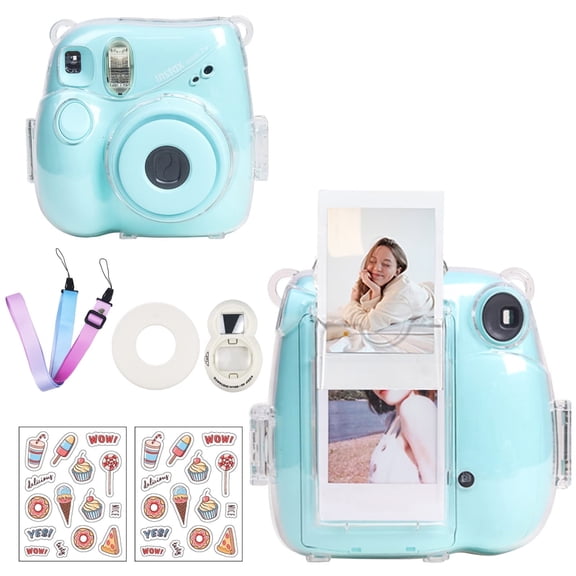 Caiyoule Clear Case for Fujifilm Instax Mini 7+ Camera Protective Case with Back Photo Storage Pocket, Selfie Mirror, Adjustable Shoulder Strap