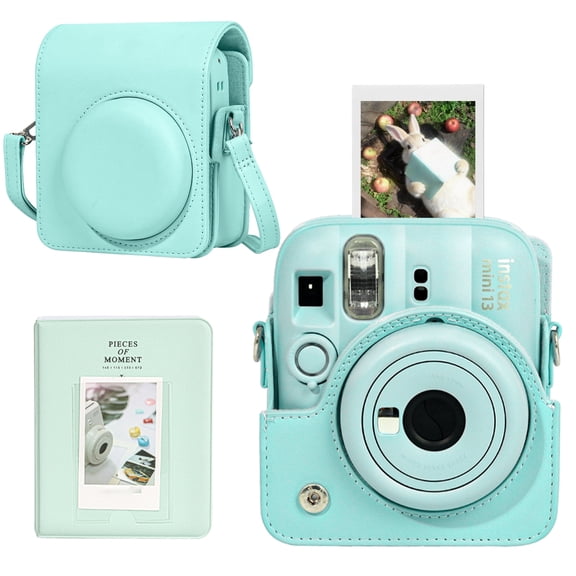 Caiyoule Mini 13 Protective Case Compatible with Fujifilm Instax Mini 13 Instant Camera, PU Leather Camera Case with 64 Pockets Mini Photo Album and Adjustable Shoulder Strap (No Camera) - Green