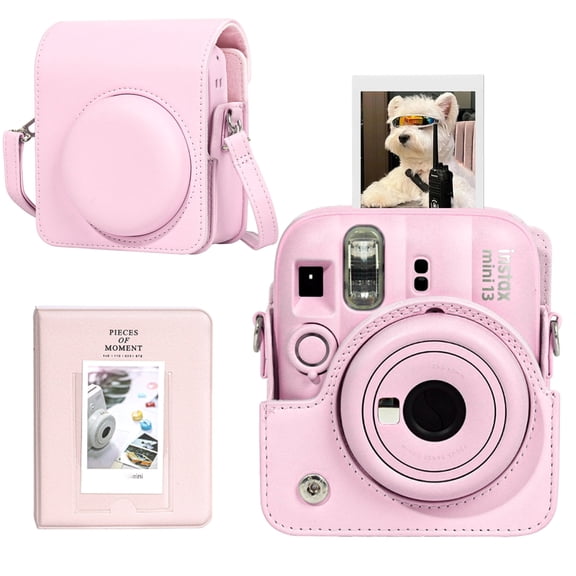 Caiyoule Mini 13 Protective Case Compatible with Fujifilm Instax Mini 13 Instant Camera, PU Leather Camera Case with 64 Pockets Mini Photo Album and Adjustable Shoulder Strap (No Camera) - Pink