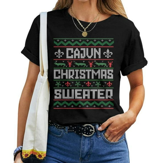 Cajun Louisiana Holiday Graphic Ugly Christmas Sweater Tee Unisex Adult Cotton Casual Xmas T-Shirt, Size L, Color Black