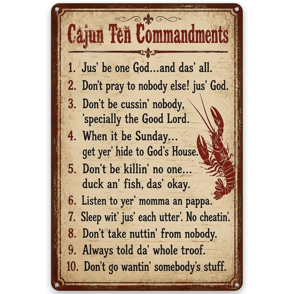 Cajun Ten Commandments Metal Wall Art Sign, 8x12 Inch Home Decor, Rustic Vintage Style with Pre-Drilled Holes for Easy Hanging, Indoor/Outdoor Weather Resistant Iron Plaque
