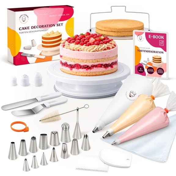 Cake Accessory Set with Piping Nozzles, Bag, Rotating Plate, and Baking Accessories