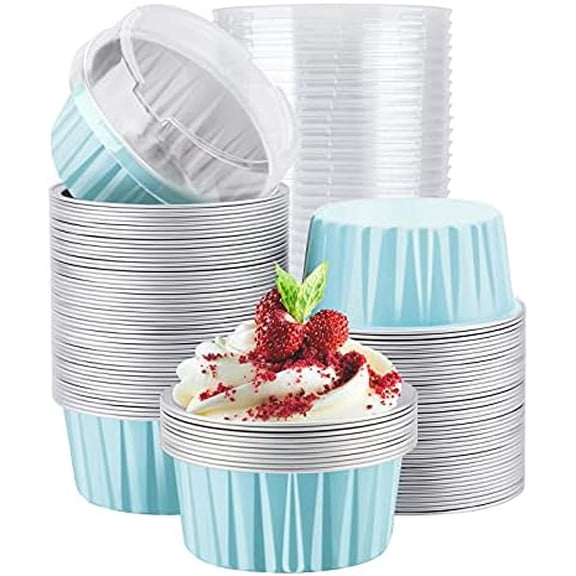 Cake Baking Cups, 100pcs 5oz 125ml Muffin Liners Cups with Lids Disposable Foil Ramekins, Aluminum Cupcake liners Foil Creme Brulee Baking Cups Pudding Cups Holders Pans Oven Safe