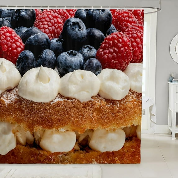 Cake Bath Curtain Strawberry Cake Shower Curtain Blueberry Bathroom Shower Curtain Set for Kids Boys Girls Teens Desert Kids Bathroom Accessories 3D Food Themed 72"x84"
