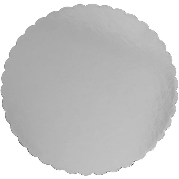 Cake Board 11-7/8 Inch Diameter - Thick Strong Compact Heavyweight Non-Corrugated Cardboard - Scalloped-Edge Circle with White Bottom and Silver-Foil Top - Pack of 5