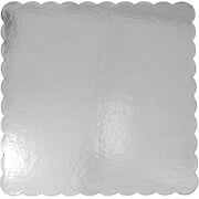 Cake Board 11-7/8 Inch x 11-7/8 Inch - Thick Strong Compact Heavyweight Non-Corrugated Cardboard - Scalloped-Edge Square with White Bottom and Silver-Foil Top - Pack of 5