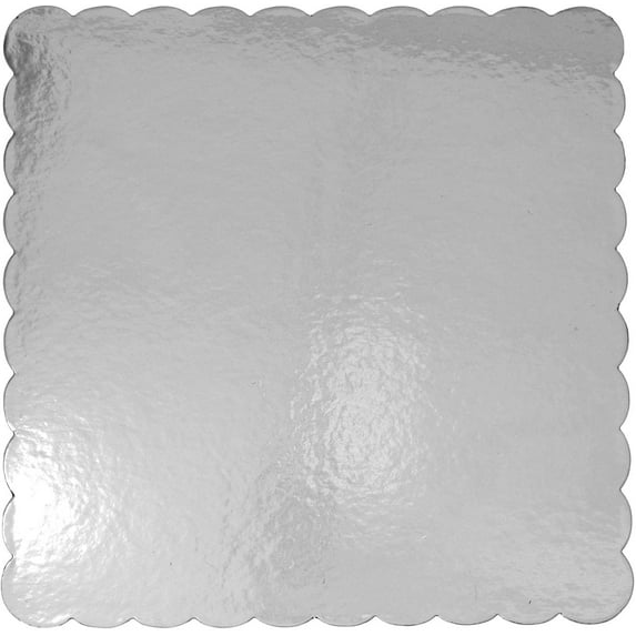 Cake Board 11-7/8 Inch x 11-7/8 Inch - Thick Strong Compact Heavyweight Non-Corrugated Cardboard - Scalloped-Edge Square with White Bottom and Silver-Foil Top - Case of 50