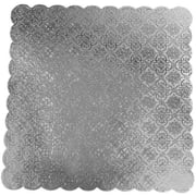 Cake Board - Thick Strong Compact Heavyweight Non-Corrugated Cardboard - Scalloped Square with White Bottom and Embossed Silver-Foil Top Pack of 5, 9-7/8" x 9-7/8"