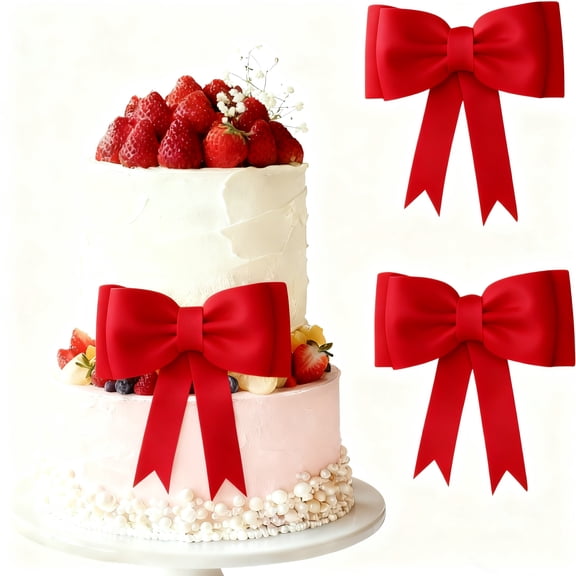 Cake Bow Toppers - 2 Pieces Red Fondant Bows, Perfect for Wedding Cakes, Birthday Cakes, Parties