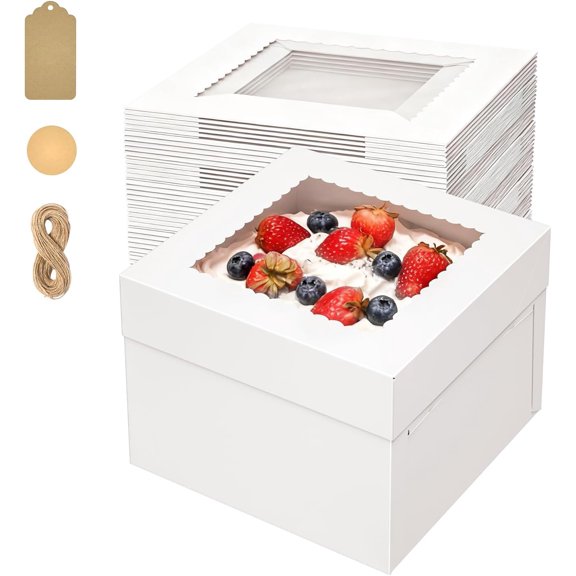 Cake Box 30 Pack Cake Boxes with Window 10 x 10 x 8 inch Cake Boxes Disposable Cake Containers with Lids for Cookies, Wedding, Birthday, Party (tray not included)