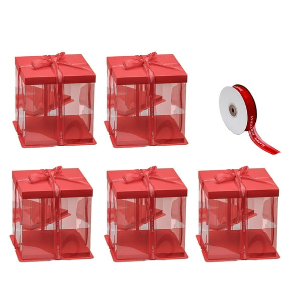 Cake Box, 5Pcs 8×8×9Inch Clear Cake Boxes with Ribbon, 8 Inch Cake Box for 6-7 Inch Cake Packing Carry, Clear Gift Boxes Display