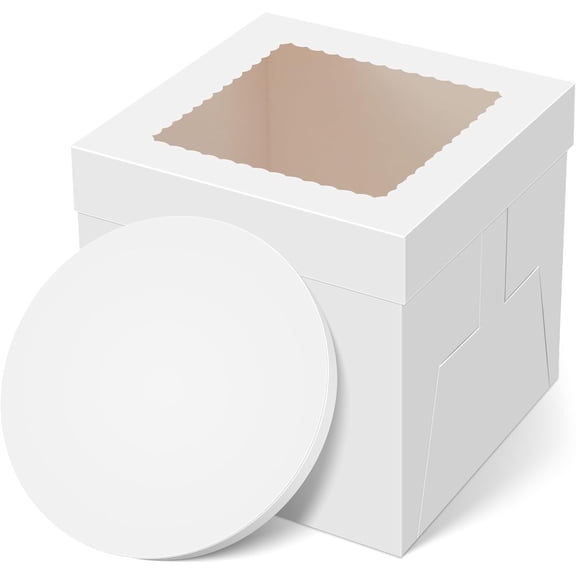 Cake Box with Board Drum, 10x10x10 Inches Tall Bakery Box with Window, Disposable Cake Container with Lid for Multi-Layer Cake, Decorating, Wedding, Birthday, Party