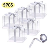 Cake Boxes Tall Cake Carrier Containers with Lid & Ribbon Bakery Boxes Cake Supplies Gift for Birthday Wedding Christmas Party 8" 8" 7" 5 Pcs Clear