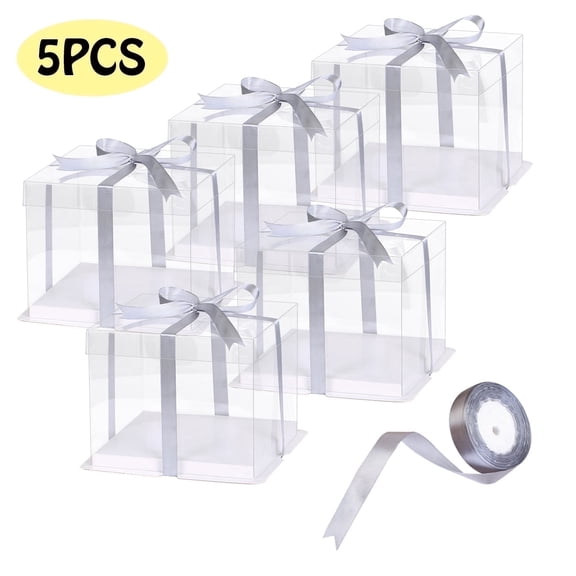 Cake Boxes Tall Cake Carrier Containers with Lid & Ribbon Bakery Boxes Cake Supplies Gift for Birthday Wedding Christmas Party 8"8"7" 5 Pcs Clear