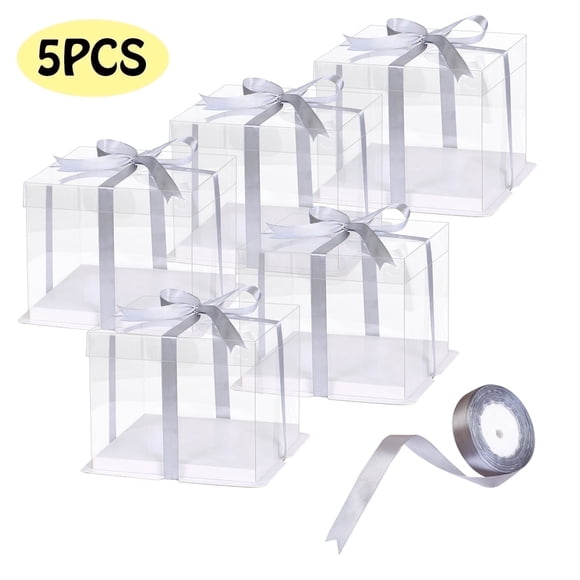 Cake Boxes Tall Cake Carrier Containers with Lid & Ribbon Bakery Boxes Cake Supplies Gift for Birthday Wedding Christmas Party 8"8"7" 5 Pcs Clear