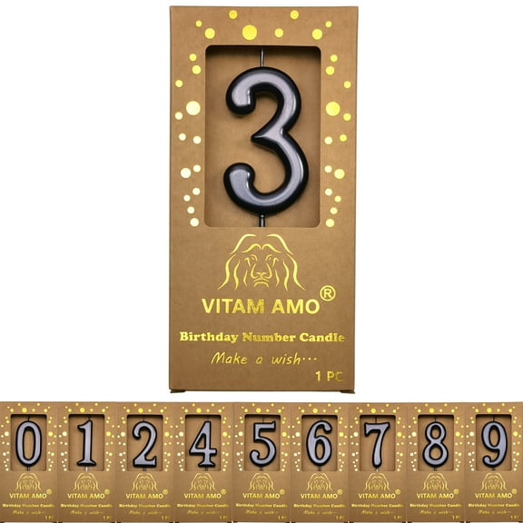 Cake Candles Vintage Style Black Color Large Size Number Candles with Eyecatching Metallic Luster for Birthday, Party, Wedding Decorations Number 3