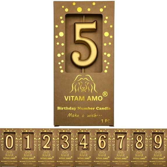 Cake Candles Vintage Style Elegant Gold Color Large Size Number Candles with Eyecatching Metallic Luster for Birthday, Party, Wedding Decorations Number 5