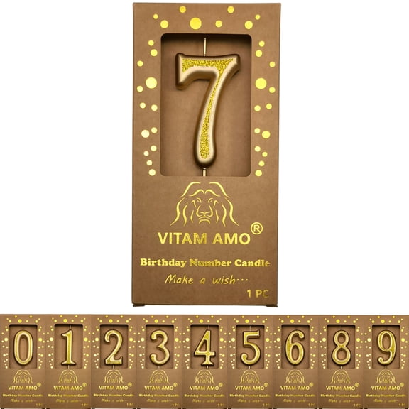 Cake Candles Vintage Style Glitter Gold Color Large Size Number Candles with Eyecatching Metallic Luster for Birthday, Party, Wedding Decorations Number 7