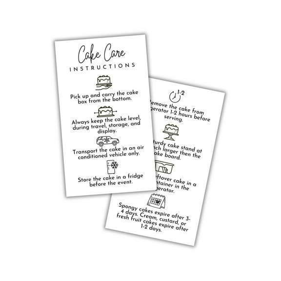 Cake Care Instruction Cards Cutting Guide 50pk 2x3.5 Storage Baking Order Forms Package Insert Tips and Tricks Clients Bakery