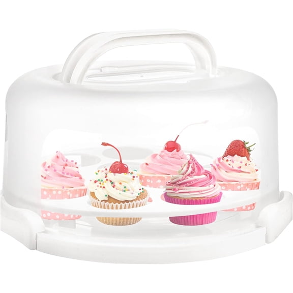 Cake Carrier with Collapsible Handle - White Cake Container and Holder with Lid - Portable Plastic Round Cake Cover for 10 inch Cake, Pies, Cookies, Nuts, Muffins, Cupcakes and Fruit