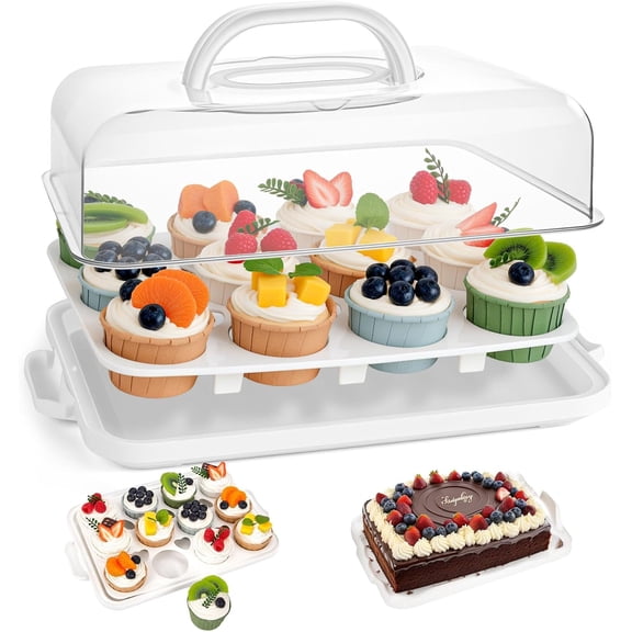 Cake Carrier with Lid and Handle, 12 Capacity Cupcake Carrier, 2-in-1 Rectangular Holder for Pies Muffin Pizza Nuts Fruit, Dessert Storage Containers Parties, Picnics, Baking