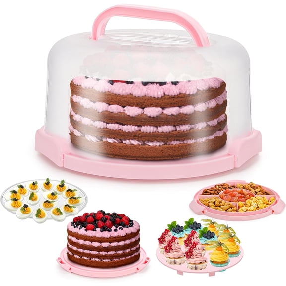 Cake Carrier with Lid and Handle, 3 in 1 Multipurpose Cupcake Holder for 10 In Cake, Portable Dessert Container for 11 Cupcake Plastic Devil Eggs Holder for Cupcake, Muffins, Eggs, Snack, Fruit