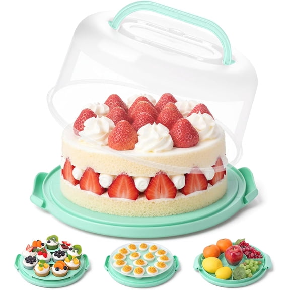 Cake Carrier with Lid and Handle, Extra Deviled Egg Containers, Cake Holder for 10 inch Cakes with 2 Handles, 11 Capacity Cupcake Carrier, Two Sided Base for Nuts, Fruits, Muffins, Pies, Pizza