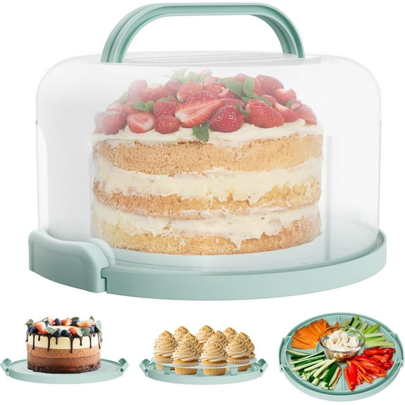 Cake Carrier with lid and Handle - Multipurpose Cake Stand with Lid for 10 Cake, Pie, Cupcakes - Cake Holder & Lid, Plastic Cake Container, Round Cake Cover for Transport & Storage (Seafoam Green)
