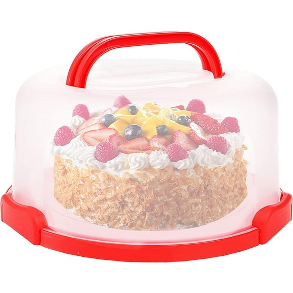 Cake Carrier with Collapsible Handle - Plastic Red Container and Holder Lid Portable Round Cover for 10 inch Cake, Pies, Cookies, Nuts, Muffins Fruit