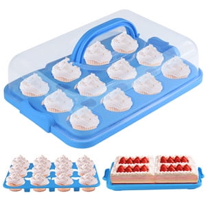 Cake Carrier with Lid, Cake Holder Cupcake Container for 12 Cupcakes 2 in 1 Portable Dessert Container for Cake Pie Muffin Cobbler (Blue)