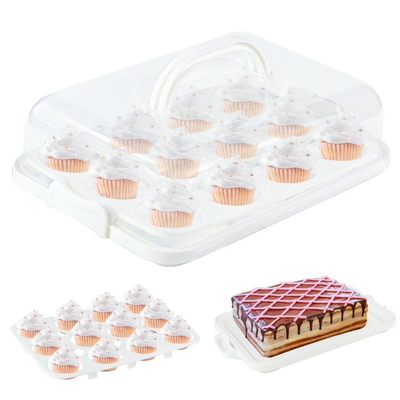Cake Carrier with Lid, Cake Holder Cupcake Container for 12 Cupcakes 2 in 1 Portable Dessert Container for Cake Pie Muffin Cobbler (White)