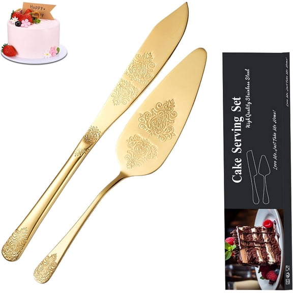 Cake Cutting Set for Wedding, Elegant Cake Knife and Server Set with Thickened Stainless Steel Rounded Edges, Cake Cutter Pie Spatula for Birthday Anniversary Christmas 2 Pcs Gold
